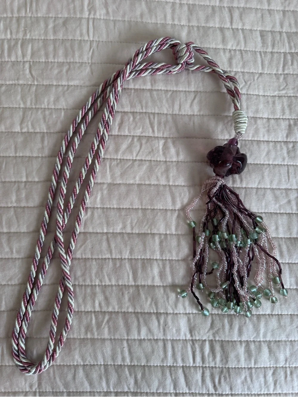 Vintage Beaded Tassel in Purple and Green - 11” drop and 29” tie back